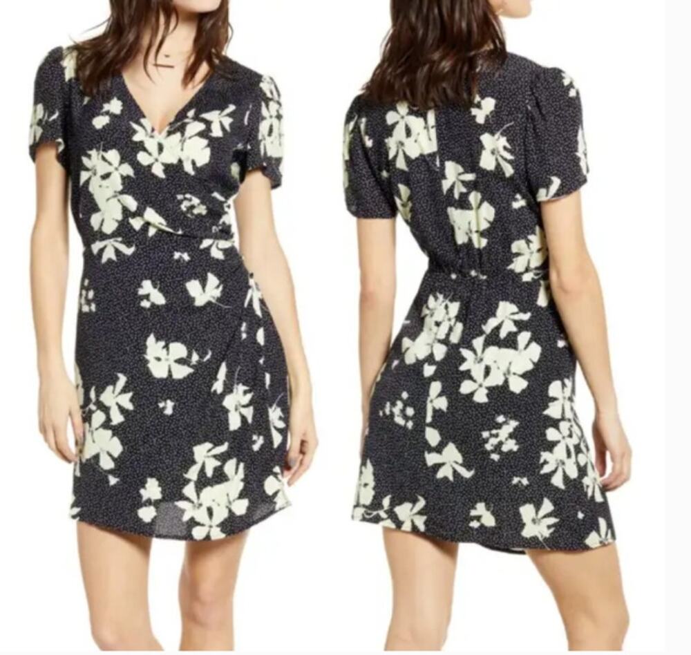 Leith Black & Yellow Floral Polka Dot Faux Wrap Mini Dress Size Small